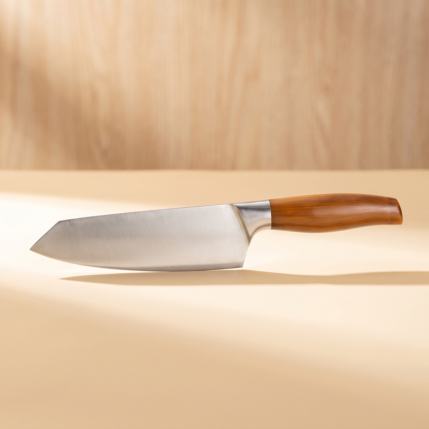 A chef's knife with a dark wood handle on a warm counter