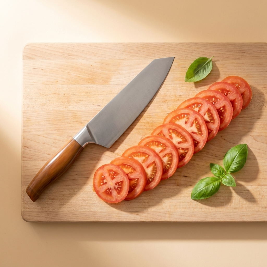 Paper-thin round tomato slices fanned on a cutting board beside a chef's knife