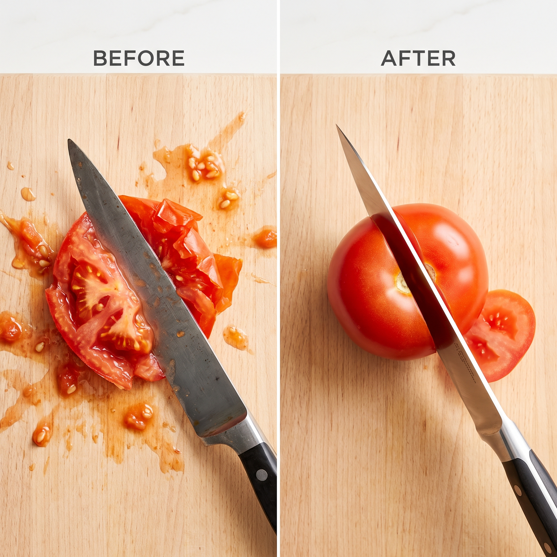 Before and after — sawing at a tomato vs a clean slice