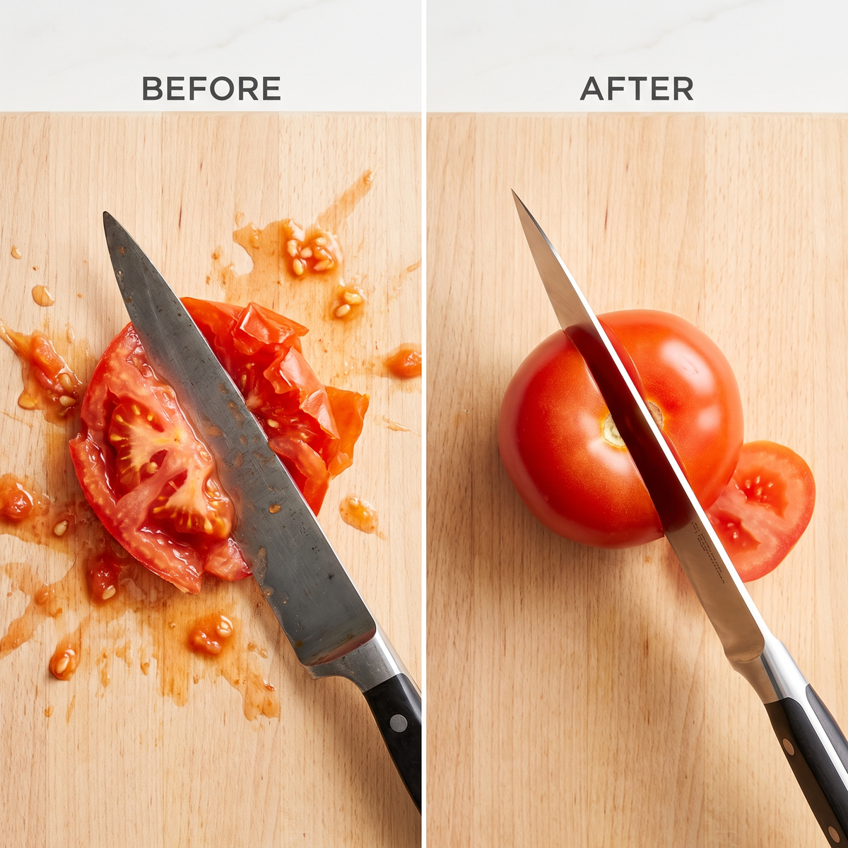 Before and after: a dull knife crushes the tomato — the same knife after sharpening slices it clean
